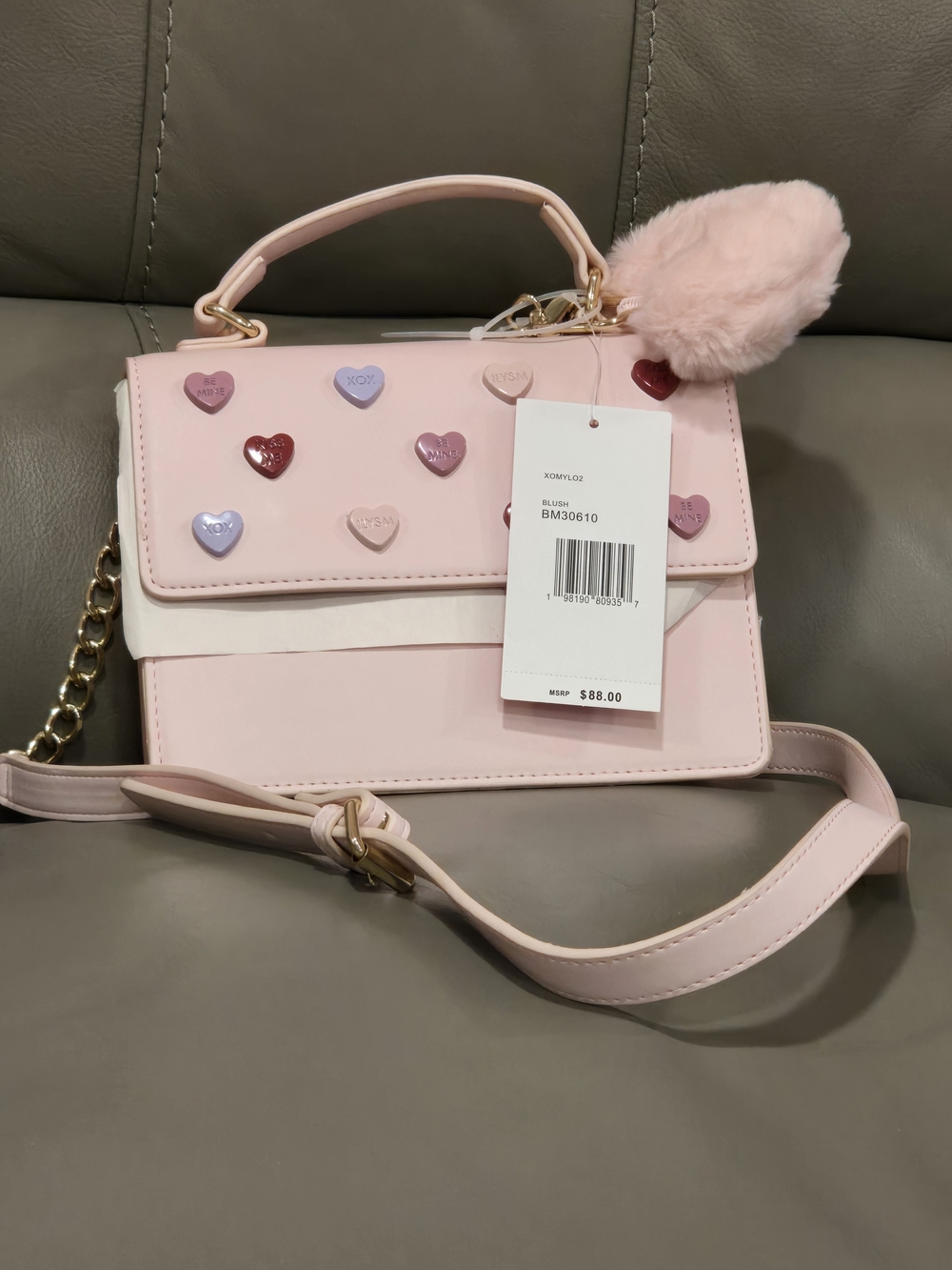 Betsey Johnson Pink Mini Crossbody Bag With Candy Hearts & Pom Pom Charm NWT